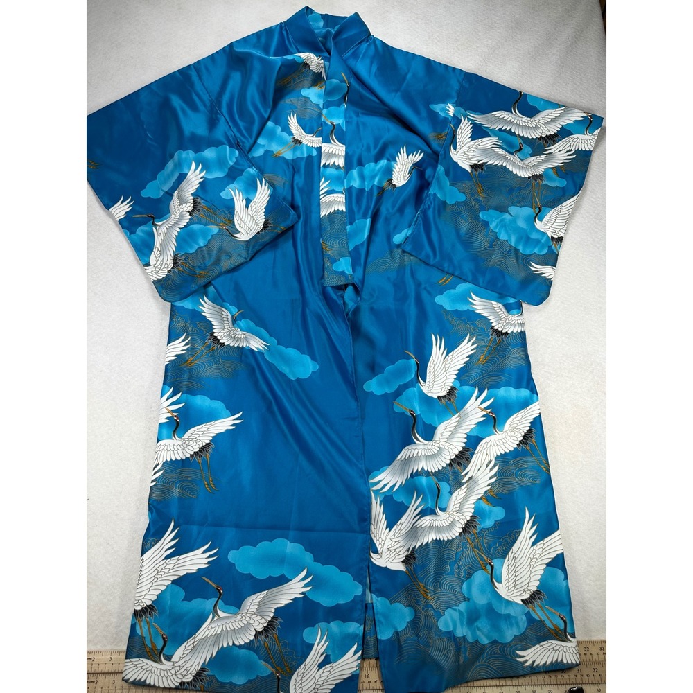 Marukyo Kyoto Tokyo Crane Cloud Print Kimono Robe Blue Satin Made in Japan 56in